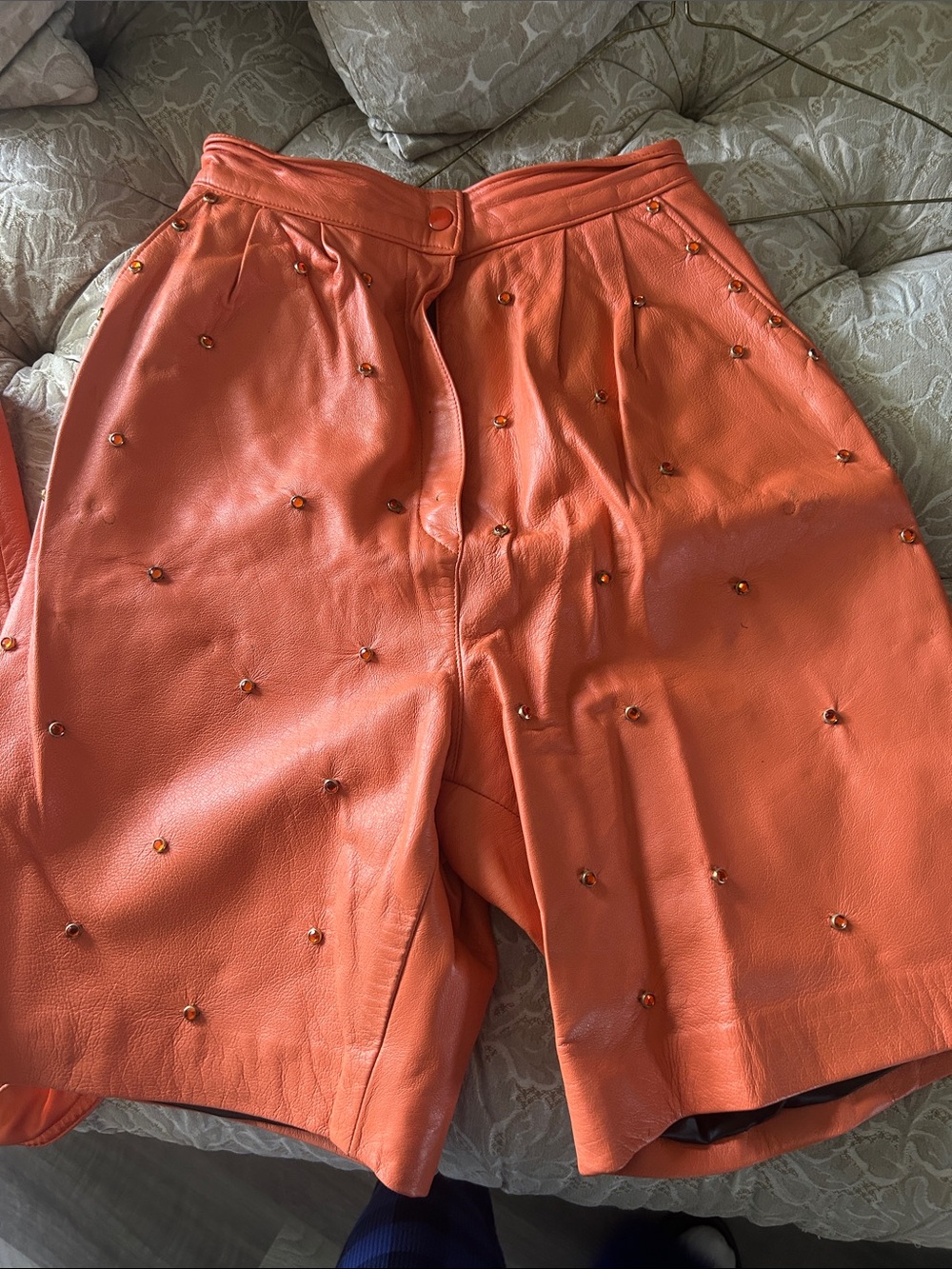 Embellished Orange Women's Leather Bermuda Shorts